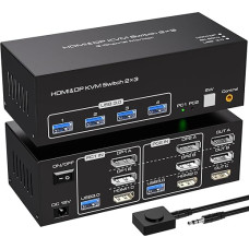 VPFET 2 Displayport HDMI KVM Switch 2 PC 3 Monitors 4K144Hz 8K60Hz Triple Monitor KVM Switches for 2 Computers Share 3 Monitors with 4 USB 3.0 Ports Includes 2 USB 3.0 Cables and External Control