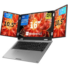 Laptop with 3 Screens, 16 Inch Main Display + 2 x 10.5 Inch, i7-1270P, 32GB RAM, 2TB SSD, Win 11 Pro, Wi-Fi 6, BT 5.2, Face/Fingerprint, German QWERTZ Layout, USB-C, HDMI