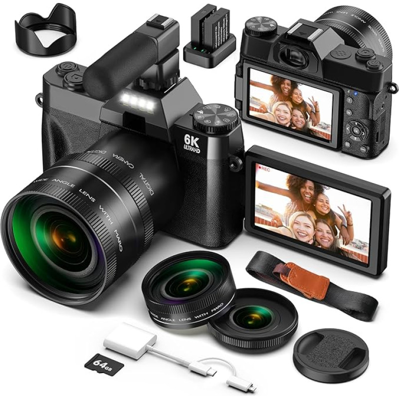 Skaitmeninis fotoaparatas 6K 64MP Fotoaparatas Fotoaparatai su WiFi, 64GB SD kortele, mikrofonu, automatiniu fokusavimu, 16x priartinimu, 180° sulankstomu ekranu asmenukėms, kompaktiškas fotoaparatas 