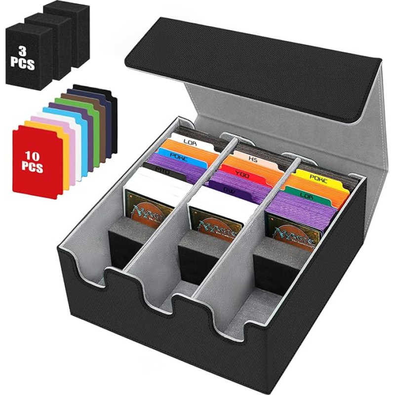 REAQUE kortų dėžutė 2100+ kortų, prekybos kortų laikymo dėžutės su 8 spalvotais skirtukais, 3 putplasčio blokai, aukščiausios kokybės magnetinės kortų dėžutės, PU odos dėklas TCG Magic The Gathering kortoms (pilka)