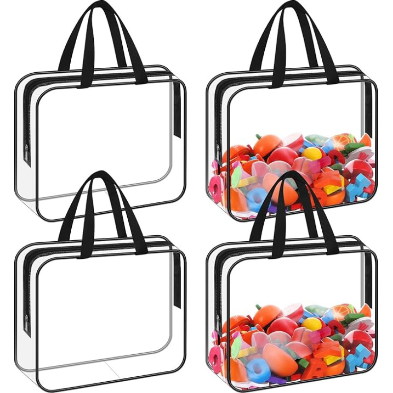 Skaidrūs PVC žaislų laikymo maišeliai su rankenomis, neperšlampamas užtrauktuko maišelis, žaislų, dėlionių, kamuoliukų, žaidimų, kanceliarinių prekių organizavimo maišelis, 30 x 21 cm, 4 vnt.