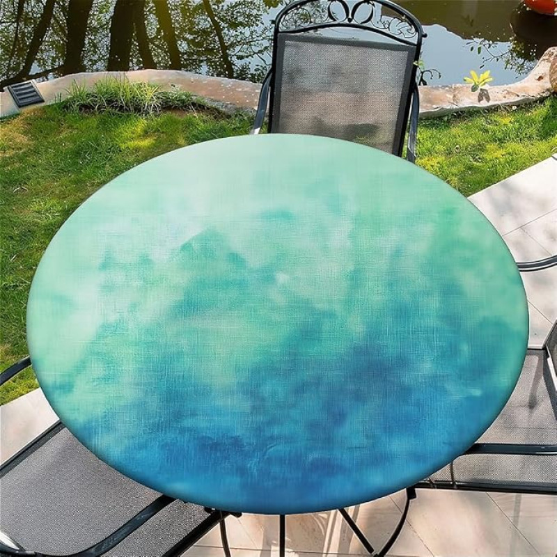 Lauko apvali staltiesė su elastine juosta, skersmuo 60-150 cm, elastinga sodo staltiesė su žaliu batikos raštu, tinkama 135-145 cm ilgio stalui