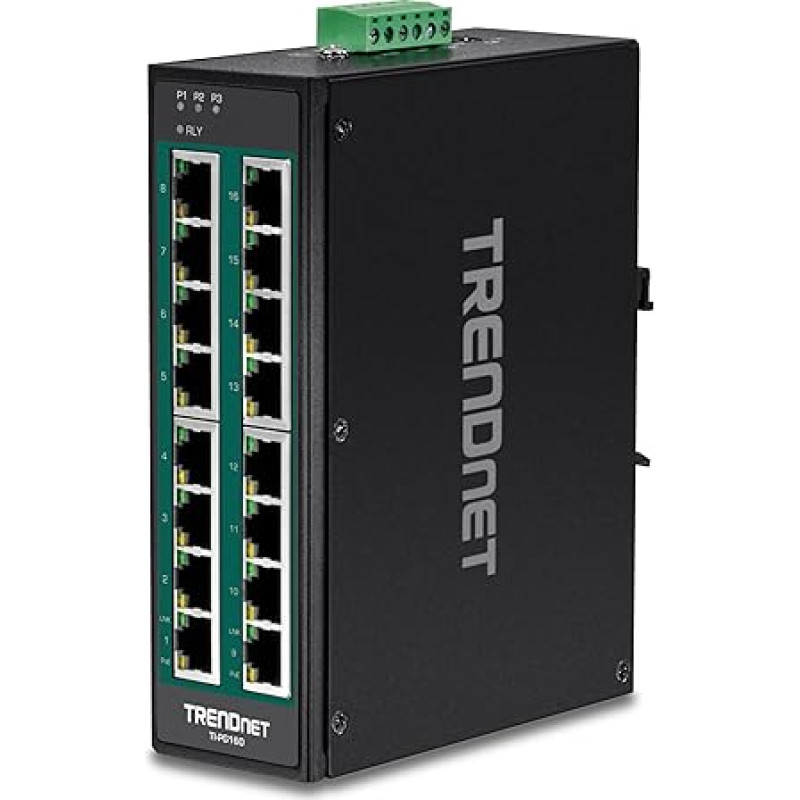 TRENDnet TI-PG160 16 prievadų pramoninis nevaldomas 16 Gigabit 10/100/1000Mbps jungiklis su 16 Gigabit PoE+ prievadų