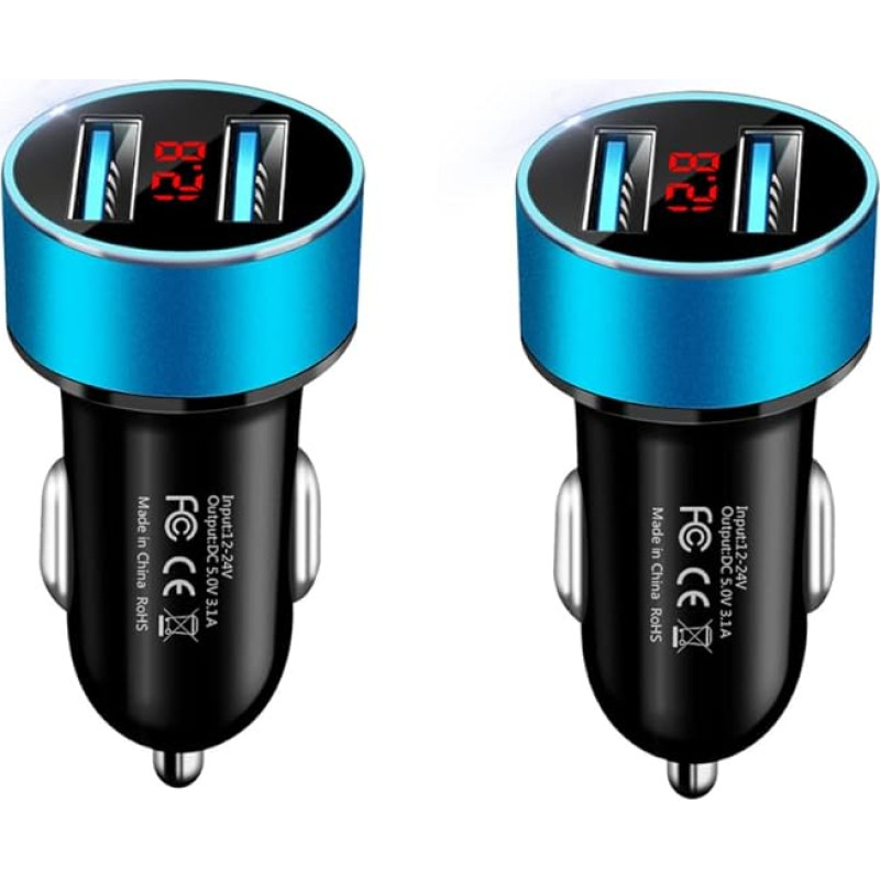 Olakey Car USB Charger with Voltmeter Display, 3.1 A 12 V / 24 V Dual USB Car Adaptor Charger, 2-Port USB Car Charger Adapter (Blue), Pack of 2