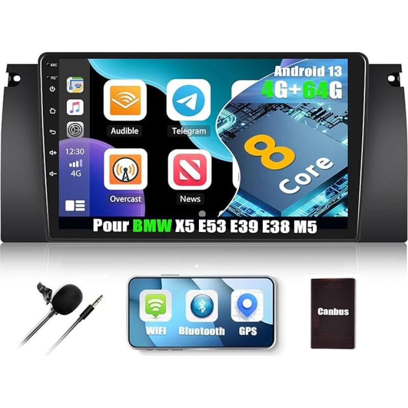 4G + 64G CAMECHO Android 13 Car Radio for BMW 5 E39 E53 M5 X5 (1996-2007) with Carplay Android Car Navigation System, 8Core, Double DIN Car Radio with 9 Inch Screen, Bluetooth FM/RDS Mirror Link DSP