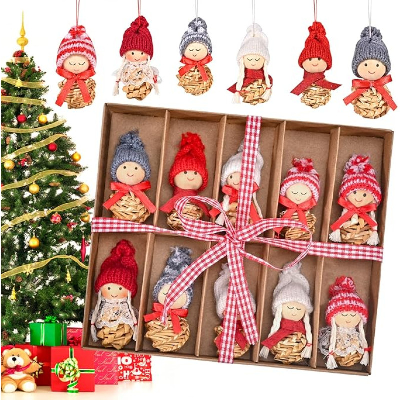 EYCLFY Christmas Gnome Pendant Christmas Tree Decorations, Set of 10 Christmas Angel Small Figures Christmas Tree Decorations Made of Straw, Mini Gnome Man Vintage Christmas Tree Craft Decoration Gift