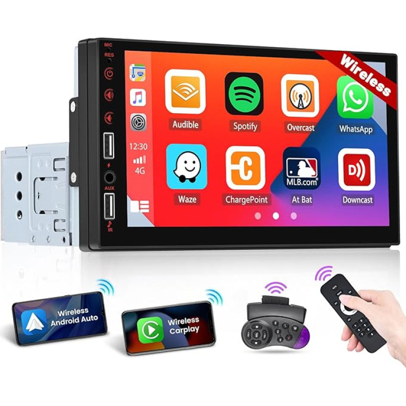 Hikity Car Radio 1 DIN Wireless Carplay Android Car with Screen 7 Inch Touch Display Car Radio with Bluetooth Hands-Free System Mirror Link FM Radio USB/AUX/SWC/Mic Reversing Camera