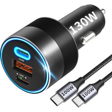 130W USB C Car Charger, Car Charger 3-Port PD 100W PD3.0/QC4.0/PPS Fast Charging Adapter with 100W USB C Cable, Compatible with iPhone 14/13/12, Galaxy S23/S22/S21/Note20, iPad, Tablet, Laptop