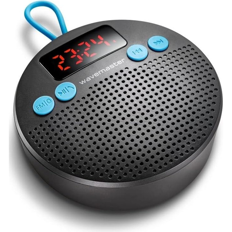 Wavemaster MOBI-3 Portable Bluetooth Speaker for On the Go (360° Sound Field) with Radio, Alarm Clock and Hands-Free Function for Mobile Sound Sources, IPX5 Splash Protection, Anthracite/Blue