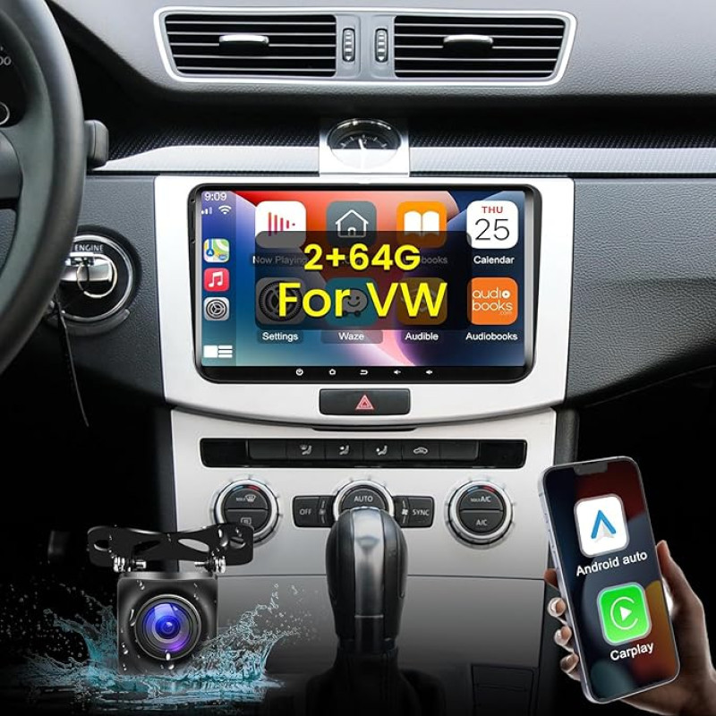 NHOPEEW 2+64G Android 13 Car Radio for VW Passat B6/B7 Golf Polo Seat Touran Sharan Skoda Caddy Fabia Octavia with Carplay & Android Car - 9 Inch Radio Support WiFi GPS SWC + Reversing Camera & Mic