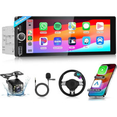 Podofo Carplay Car Radio 1 DIN with 6.8 Inch Screen Wireless Bluetooth, Car Stereo FM/RDS Android Car AUX/USB/Type-C with 12 LED Reversing Camera, Steering Wheel Control, Mirror Left, Siri Google, Sat