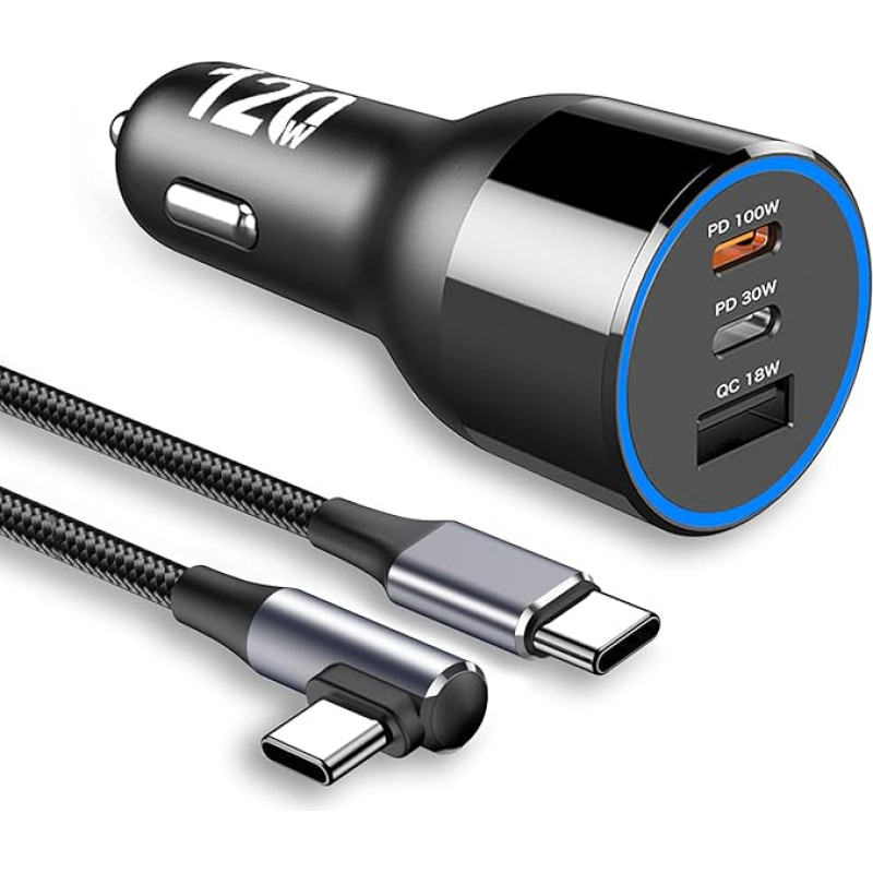 120 W Car Charger USB C, 12 V/24 V Cigarette Lighter USB with 3 Ports PD 100 W 30 W, PPS 45 W, QC 18 W Car Charger Adapter for MacBook Pro Air Laptop iPhone 15 14 Samsung S24 S23 (with 100 W USB-C