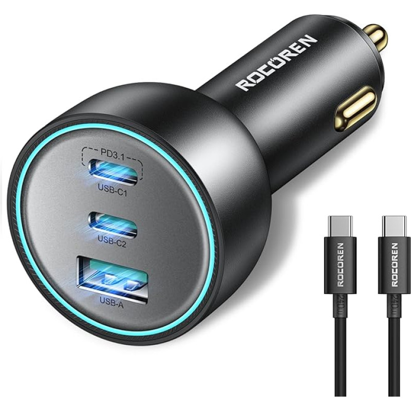 Rocoren Cigarette Lighter USB C 165W, PD3.1 140W Car Charger QC5.0 PPS 3-Port Car Charger Adapter Compatible with MacBook Pro, Surface Pro, iPhone 16, 15 Pro Max, Galaxy S24+, S23, iPad, Huawei