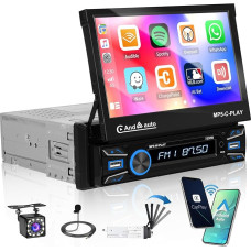 Car Radio 1 DIN Wireless Carplay Android Car, 7 Inch Automatic Retractable Touchscreen Car Radio with Bluetooth Hands-Free System Mirror Link FM SWC AUX USB + Reversing Camera