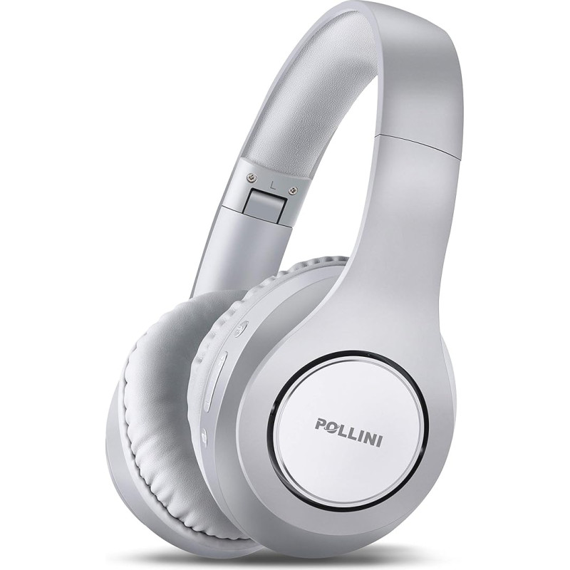 Pollini Bluetooth Headphones, Wireless 40 Hours Battery Life, Foldable with Microphone, Deep Bass Stereo Headphones and Memory Foam Ear Pads for iPhone/Android/PC (Silver)