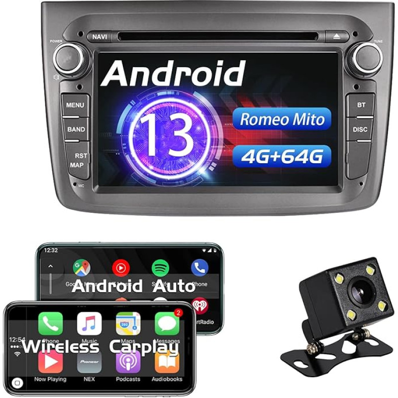 Car Radio for Alfa Romeo MITO with Android 13 Carplay, for Alfa Romeo Mito 2008-2019 1DIN Stereo 7 Inch 8-Core 64 Go ROM 4 Go Support DVD/4G/NAVI/GPS/WiFi/BT/Radio/TPMS/FM/USB/DAB (Grey)