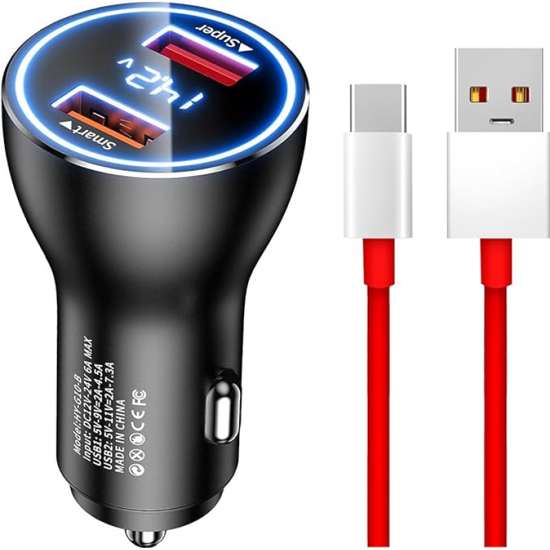 80W Supervooc Car Charger Warp Charge USB C Charging Cable Car Quick Charger Adapter for Oneplus 12 11 11 Pro 10 Pro 9 9Pro 8 8Pro 7 7Pro for Oppo Find X7 X6 X5 X4 X3 X2 Reno 11 10 9 8