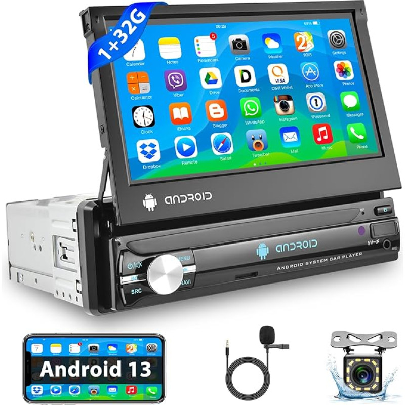 Podofo Car Radio 1 DIN with GPS Navi, Bluetooth RDS, 7 Inch Screen Extendible Manual Android Car Radio Stereo with WiFi FM/RDS Radio Mirror Link Aux-in + Reversing Camera