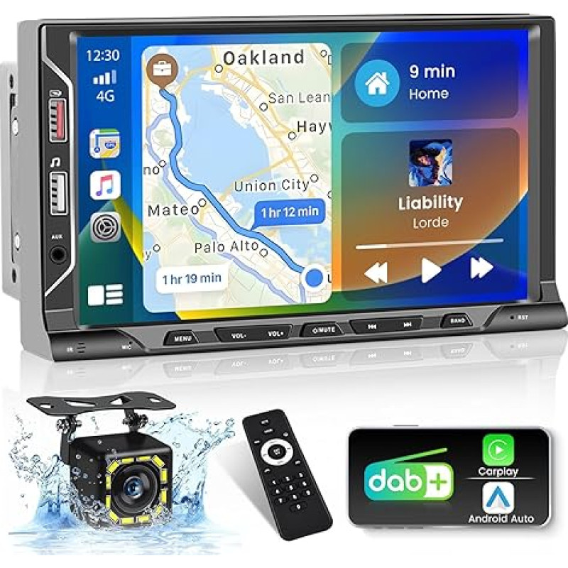 Hikity Double DIN Android Car Radio with DAB/DAB+ and Carplay Android Car, 7 Inch DAB Car Radio with Sat Nav Blidschirm 6 USB Port Mirror Link DAB FM RDS Radio GPS WiFi SWC Reversing Camera