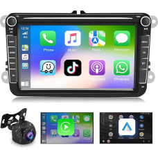 Podofo 2+64G Car Radio for VW Golf 5 6 Polo Seat Skoda with Wireless Apple Carplay, 8 Inch Android Car Radio with Screen, Bluetooth, HiFi, WLAN, GPS, RDS + Reversing Camera & Microphone