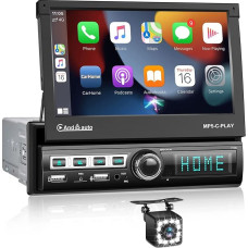 CAMECHO 1 DIN Carplay/Android Car/Mirror Link Car Radio with 7 Inch Automatic Retractable Touch Screen, Car Radio with Screen Bluetooth FM USB AUX TF + External Microphone + Reversing Camera