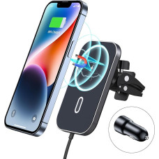 15 W Magnetic Wireless Mobile Phone Holder Car Charger with Adapter, Compatible with MagSafe Air Vent Car Mount Quick Charger, Wireless Charger 360° Rotatable Apply to iPhone 15/14/13/12 Pro Max Plus