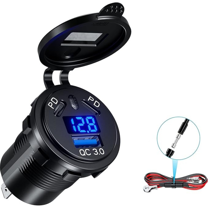 Kewig 12V USB C Socket Car Charger Dual 45W PD Type C & 18W QC3.0 USB with Digital Voltmeter and Change Mobile Phone Quick Charge Waterproof for Car Boat Motorcycle