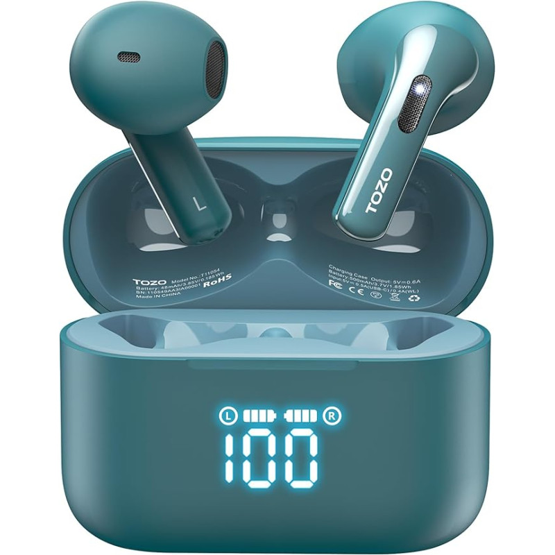 TOZO T21 Bluetooth Headphones 5.3 In-Ear Earphones, Dual Microphone Noise Cancelling Headphones with LED Digital Display, 44 Hours Playtime Stereo Sound, IPX8 Waterproof Headset for Sports and