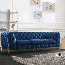 Šiuolaikinė mėlyna aksominė futoninė sofa lova Gyvenamasis kambarys Biuras Butas Viešbutis Balkonas - stilingos ir patogios sofos bet kokiam kambariui