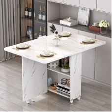 ZEQFEMKL Folding Dining Table, Collapsible Comedor with 6 Wheels, Small Kitchen Table with Storage, Extendable Dining Table, Collapsible Kitchen Island, Fold-Out Dining Table (White A, 120 x 6