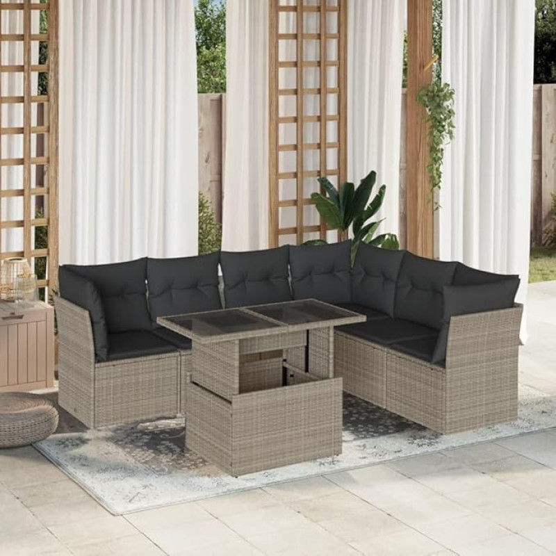 Homgoday Gartenmöbel-Set 7-teilig mit Kissen hellgrau Polyrattan, Möbel Set Schlafsofa Wohnzimmer Couch, Set Sofa für den Außenbereich für den Garten, Outdoor Typ3266612