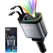 WHATOOK 4 in 1 Cigarette Lighter USB C 66 W Car Charger Adapter Car with Starry Sky LED, 2 Retractable Cables, Car Camping Accessories, Travel Gadgets Travel Essentials Car Accessories for iPhone