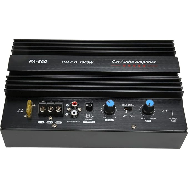 Monofoninis automobilinis garso stiprintuvas su 1000 W RMS galia esant 4 omų apkrovai ir 12 V didelės galios, galingas žemų dažnių garsiakalbio stiprintuvas automobilinėms pramogoms