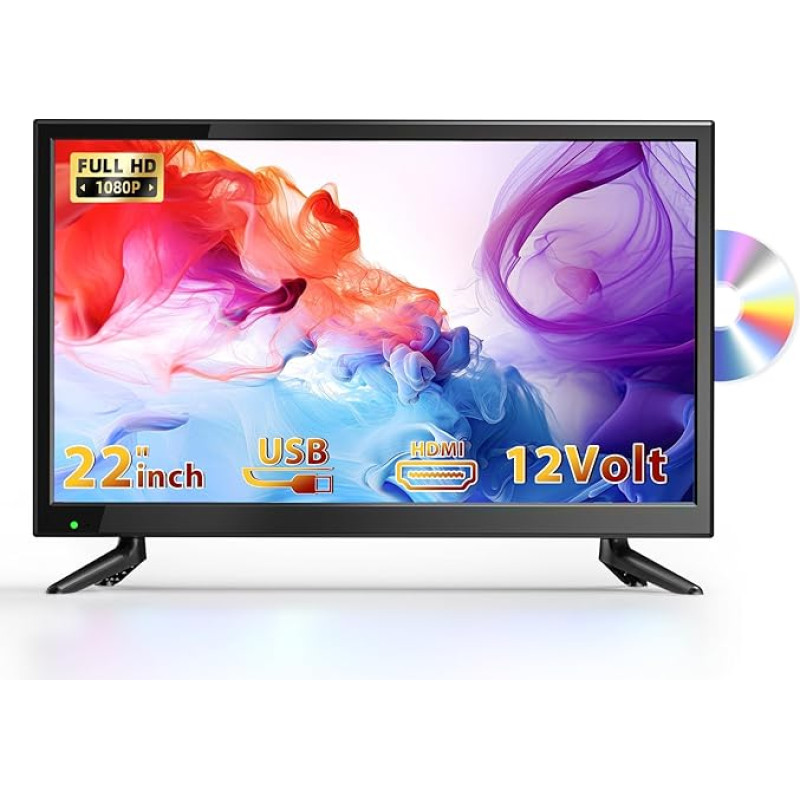 DESOBRY Nauji patobulinimai 22 colių mažas televizorius 1080P integruotas DVD grotuvas, mini TV DVB-T2 imtuvas, su antena, HDMI/USB įvestis 12V TV DVD derinys nameliams ant ratų, virtuvėms ir mažoms erdvėms