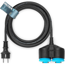 MUWAX Rubber Extension Cable 20 m with 2-Way Splitter for DIY, Garden, Household, for Temporary Outdoor Use and Medium Mechanical Stress H05RR-F 3G 1.5 mm² Black