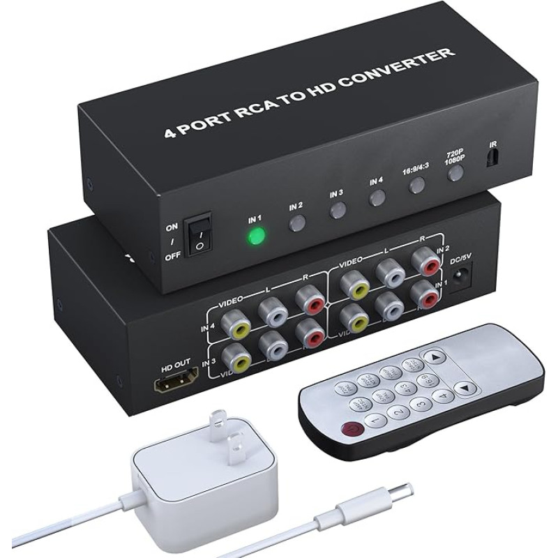 4 prievadų RCA- HDMI keitiklio adapteris - 1080P/720P RCA Composite CVBS AV- HDMI adapteris Vaizdo ir garso konvertavimas 4:3/16:9 TV Xbox PS1 PS2 PS3 N64 NGC SNES WII VHS VCR Camera DVD