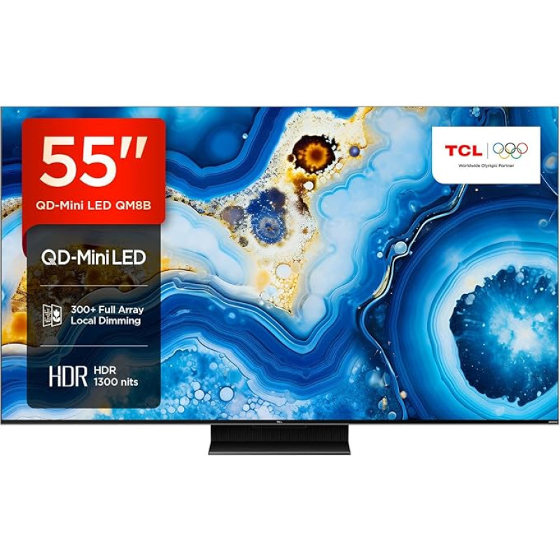 TCL 55QM8B 55 colių (139,7 cm) mini LED televizorius, QLED, 144 Hz, 4K HDR Premium 1300 nitų, 
