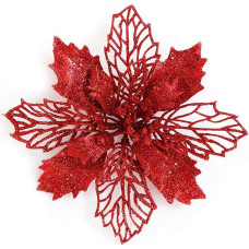 GL-Turelifes 12 vienetų 6,4 colio blizgučių Kalėdų gėlės Raudona puansetija Dirbtinės gėlės Kalėdų eglutės gėlių vainikas Medžio dekoracijos su 12 žalių gėlių stiebų