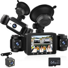 NHOPEEW 4 Channel Dash Cam Front and Rear - 1080P Dash Cam with 360° Cameras - 2.4 Inch IPS Screen with G-Sensor Loop Recording 24H Parking Monitoring Night Vision + 64GB SD Card