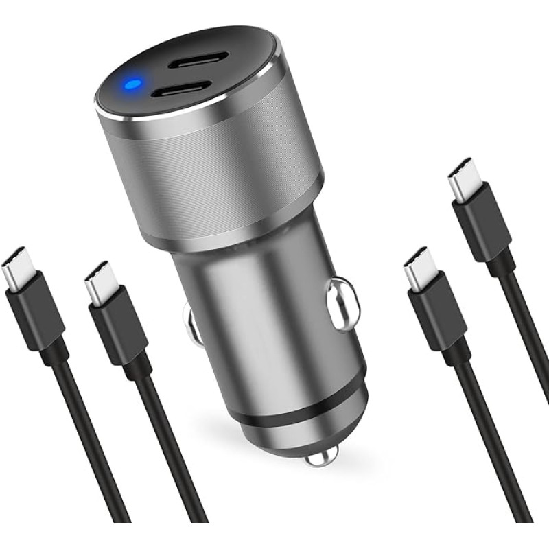 MACHSWON Dvigubas USB C automobilinis įkroviklis 60W PD (30W+30W) itin greitas įkrovimo adapteris su 2 C tipo laidais 3 pėdų ilgio tinka 