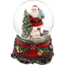 Large Snow Globe, Santa Claus with Dog and Gifts, with Sound, on Elaborately Decorated Base, Dimensions (L x W x H): 10 x 10 x 14 cm, Ball Diameter 10 cm