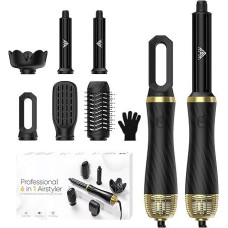 Plaukų stiliatorius ir plaukų džiovintuvas 6 in 1, daugiafunkcinis plaukų džiovintuvas su oro garbanojimo geležte, apvaliu šepečiu, terminiu šepečiu, plaukų džiovintuvu, karšto oro šepetėliu, skirtu džiovinimui, apimčiai, garbanoms