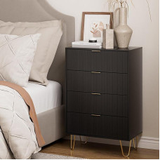 HEYZOEY Chest of Drawers, Sideboard with 4 Drawers, 34 x 60 x 91 cm, Wooden Drawer Cabinet with Gold Leg, Modern Boho Side Cabinet for Bedroom, Hallway, Living Room, Black