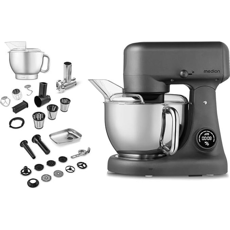 MEDION MD12600 Maisto procesorius (mėsmalė, 4,6 litro nerūdijančio plieno indas, tylus nuolatinės srovės variklis, 800 W, tarkavimo trintuvė, skaitmeninis sensorinis jutiklinis ekranas, minkymo mašina, tešlos mašina, MD12600