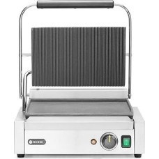 HENDI kontaktinis grilis, Panini, grioveliais išraižytas viršus ir apačia lygios, su grilio valymo šepetėliu, temperatūra reguliuojama iki 300 °C, grilio paviršius 340 x 235 mm, elektrinis grilis, 230 V/2200 W, 430 x 375 x (H