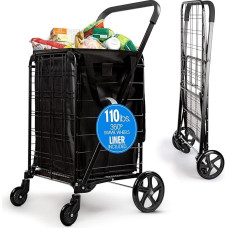 SereneLife Heavy Duty Foldable Shopping Cart Liner, 360 Degree Swivel Wheels, 50kg, Weight Capacity for Groceries, Laundry, Luggage and More, Alloy Steel, Black, One Size