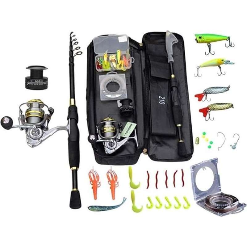 Žvejybos meškerė Teleskopinis žvejybos meškerė Combo ir ritė Pilnas komplektas Spiningas Žvejybos ritė Gear Pole Set 100 m Žvejybos linija Masalas Kabliukas Jig Head Jūros žvejybos meškerė