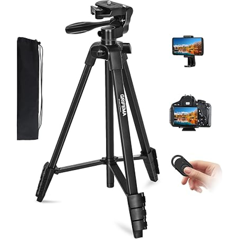 GRIFEMA Fotoaparato mobiliojo telefono trikojis, 140 cm ilgio aliumininis nuotraukų trikojis mobiliajam telefonui ir fotoaparatui su 