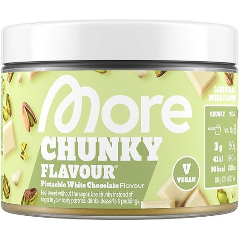 MORE Chunky Flavour, Pistacijų baltasis šokoladas, 150 g, veganiškas, saldiklis, be cukraus ir kalorijų, su inulinu ir laktazėmis - Pagaminta Vokietijoje