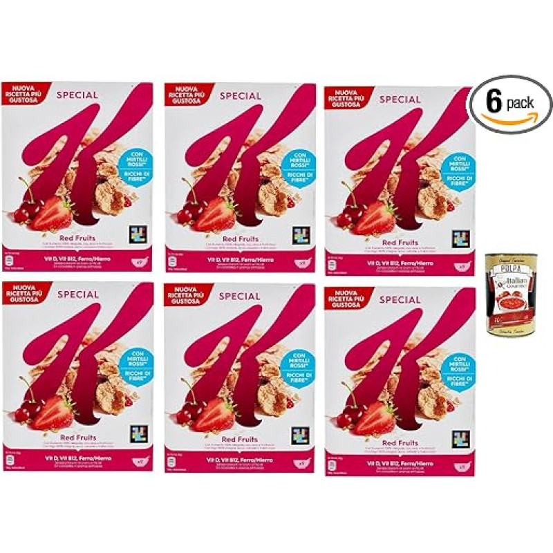 6 x Special K Red Fruits Cereals Raudonieji vaisiai Ryžių dribsniai Viso grūdo kviečių ir miežių dribsniai su vitaminais ir mineralais su raudonaisiais vaisiais 290 g grūdų dribsnių + itališka gurmaniška Polpa 400 g